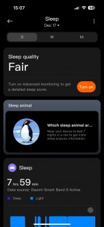 Sleep data from the Smart Band 9 Active inside the Mi Fitness app