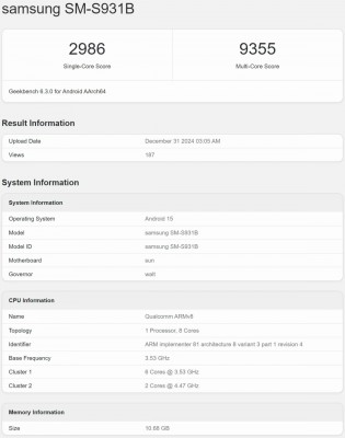 Samsung Galaxy S25 Geekbench result