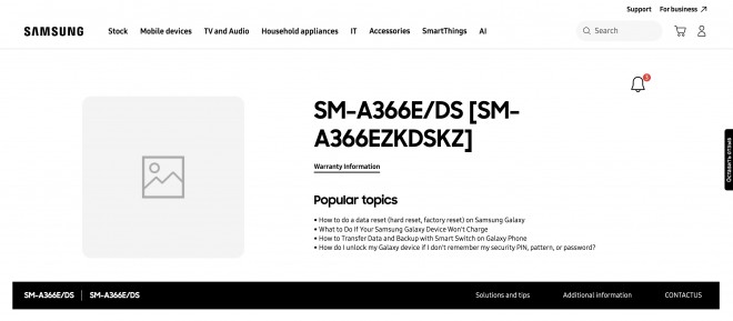 Samsung Galaxy A36 (SM-A366E/DS) support page on Samsung Kazakhstan