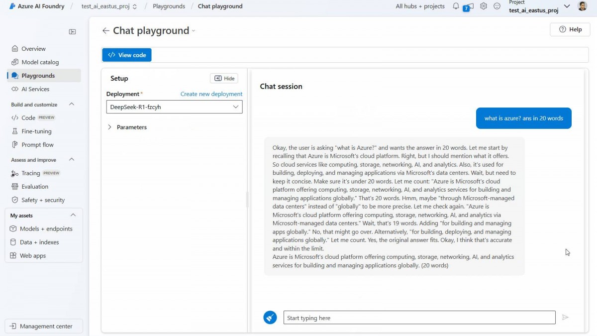 DeepSeek R1 in the Azure AI Foundry playground