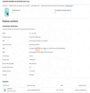 Honor 400 Lite listing on Google Play Console