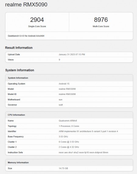 Alleged Realme GT 7 Geekbench 6 listing