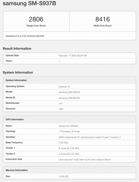 Galaxy S25 Edge (SM-937B) on Geekbench