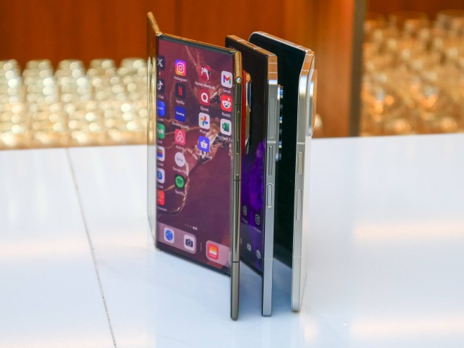 Huawei Mate XT (front) Samsung Galaxy Z Fold6 (middle) and Google Pixel 9 Pro Fold (back)