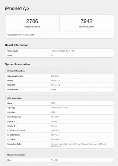 iPhone 16e on Geekbench